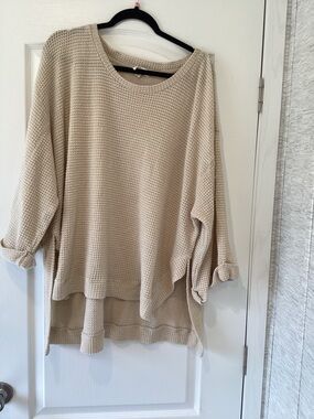 Umgee Waffle Knit Scoop Neck Oversized Sweater in Cream 1XL EUC